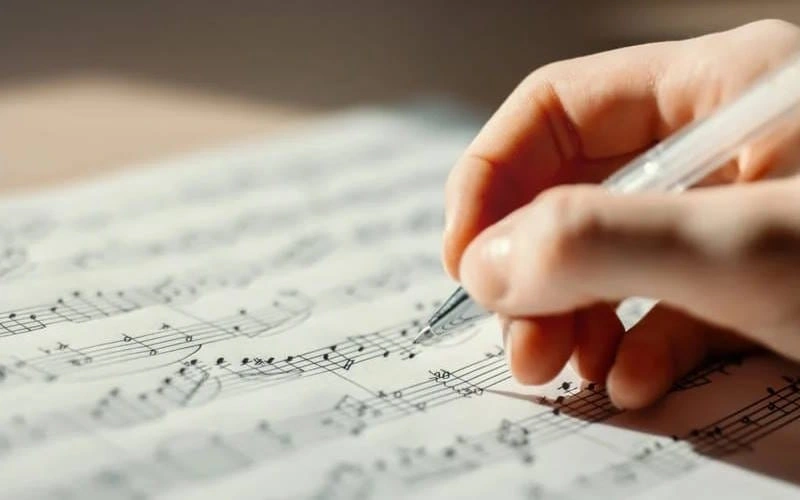 Close-up of a hand writing in a music notebook with detailed sheet music visible.
