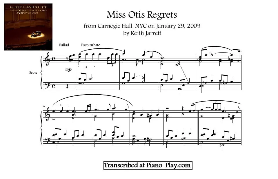 Keith Jarrett - Miss Otis Regrets Full Transcription Sample